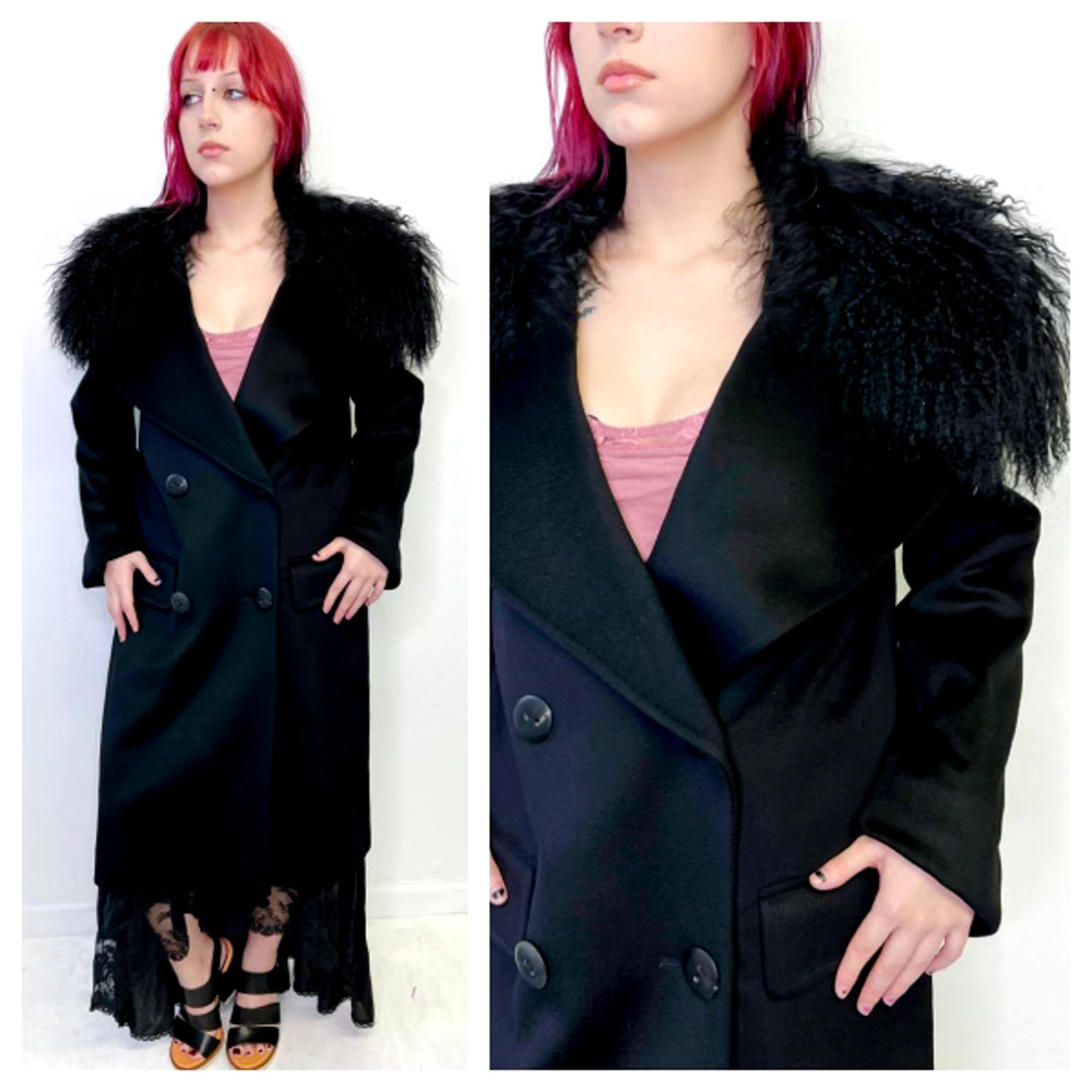 Fleurette Double Breasted Wool Coat Lamb Fur Trim Collar Size 8 Black New Womens